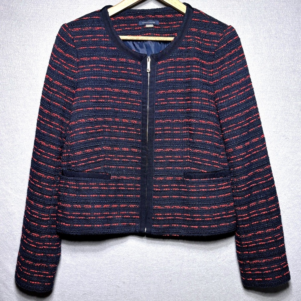 Tommy Hilfiger Tweed Boucle Zip Jacket Size 14 Red Blue‎ Chanel Style